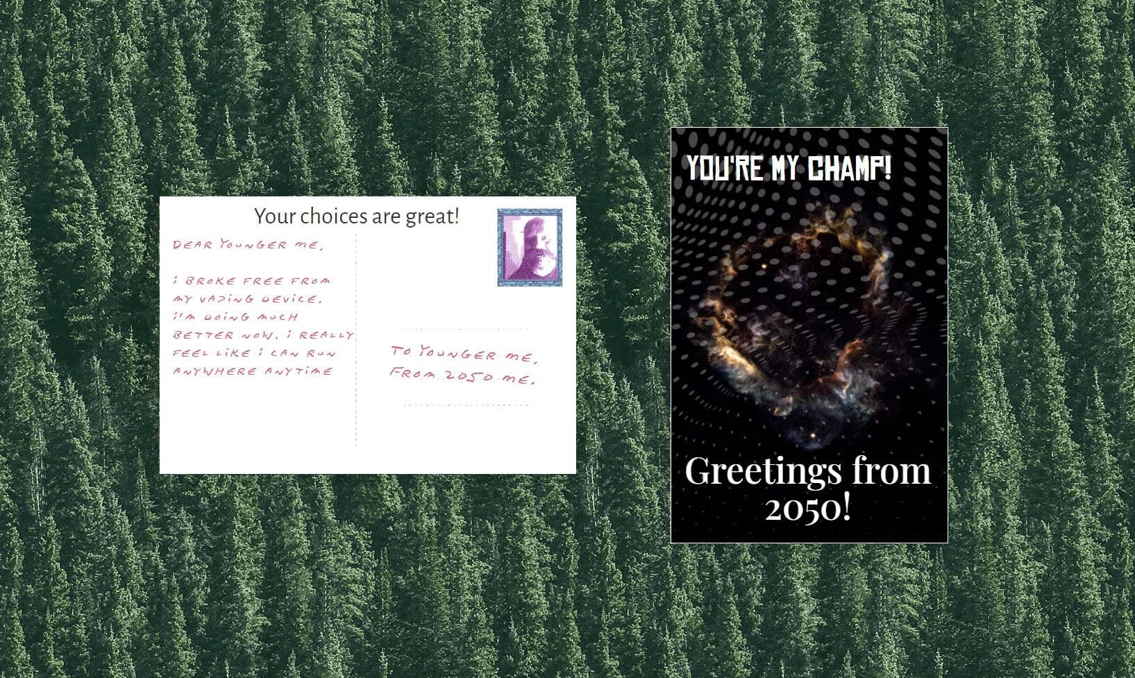 Nod from 2050 — Generative postcards from a hopeful 2050 — printed front and back from nodfrom2050.ca.