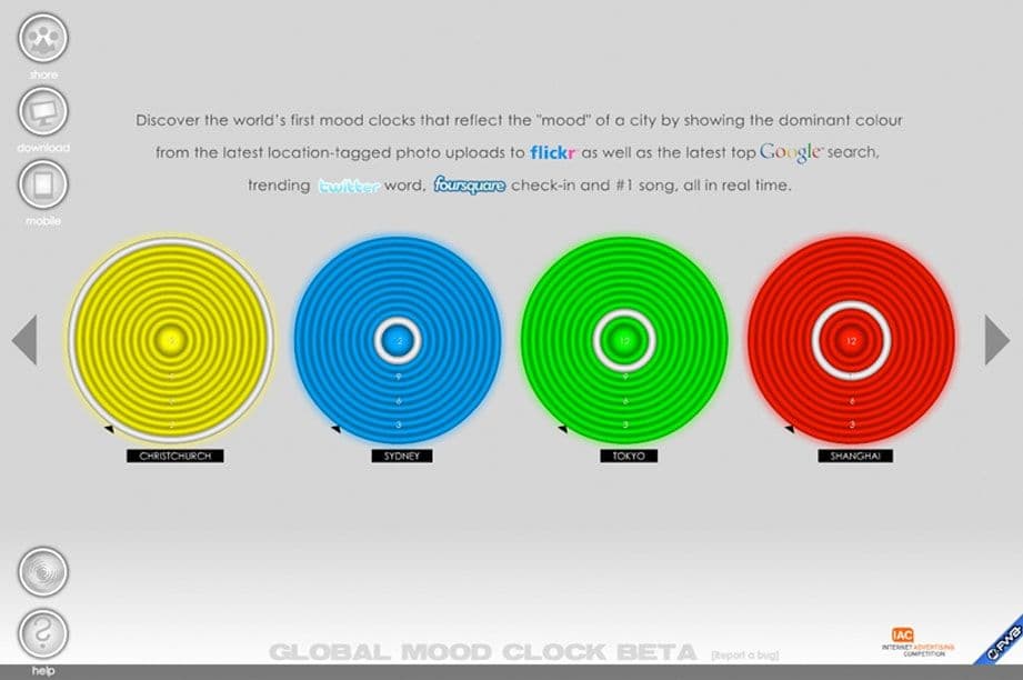 Global Mood Clocks — The Global Mood Clocks was a website, and Adobe AIR desktop and mobile application.